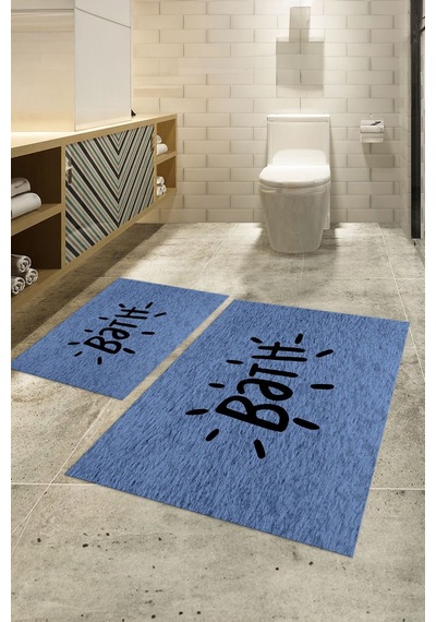 Buççin Online Mağaza Dijital Baskılı Kaymaz Yıkanabilir Bath İkili Banyo Takımı Klozet Takımı Polyester Mavi Çok Renkli