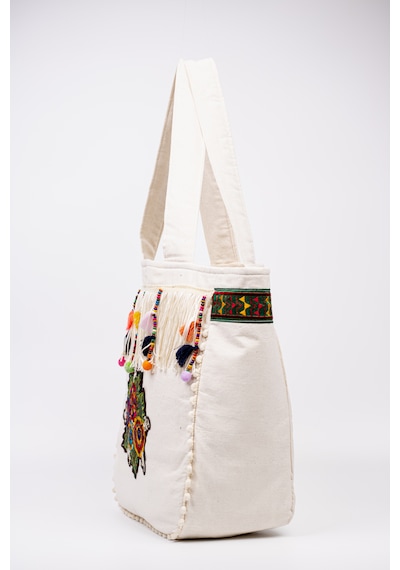 Fabric Craft Bag Omuz Çantası Bohem Nakışlı Püsküllü Pamuklu Krem 45x35 Krem