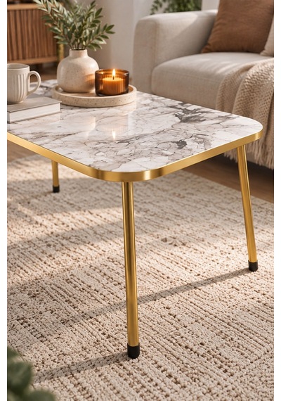 Sulorahome Beyaz Orta Sehpa Gold Ayaklı Altın - Beyaz