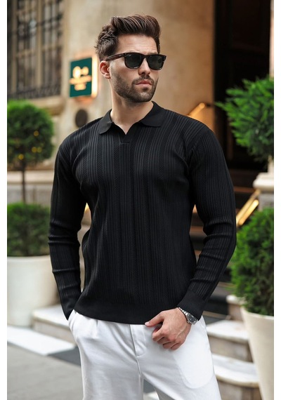 Madmext Siyah Polo Yaka Desenli Over Fit Erkek Triko Kazak E7517