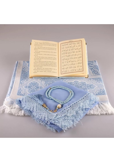 Şal + Seccade + Tesbih + Yasin Hediye Seti Çanta Boy, Şems Lafzatullah, Raşel Cilt, Bebe Mavi