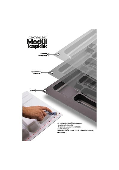 Gri Renk Çekmece Içi Kaşıklık Kepçelik 42x49 Cm 36x40 Ölçülerine Kadar Kesilebilir Gri