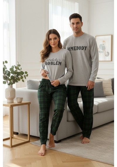 Bella Notte Erkek Yeşil Ekoseli Baskılı Sevgililer Günü Çift Pijama Takımı