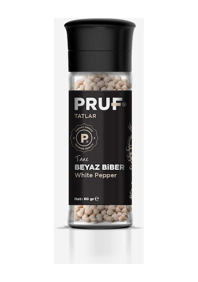 Pruf Beyaz Biber Tane 60 Gr. Cam Şişe Değirmen Kapak Açık Bej