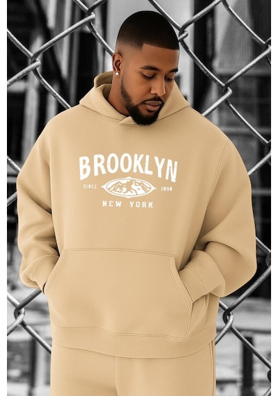 Benroma 3 İplik Penye Brooklyn Baskılı Büyük Beden Sweatshırt Bej