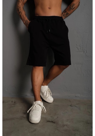 Assema Unisex İki İplik Düz Oversize Şort - Siyah Çok Renkli