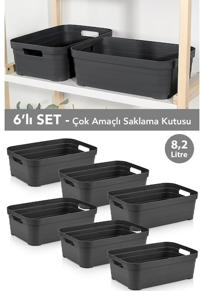 6 Adet Dekoratif Piramit Saklama Kutusu - Dolap İçi Düzenleyici Organizer Kutu 8,2 Litre Antrasit Antrasit