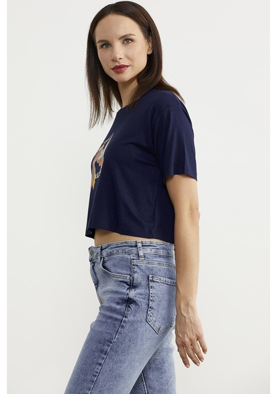 Oversize Baskılı Crop Tişört - Lacivert Çok Renkli