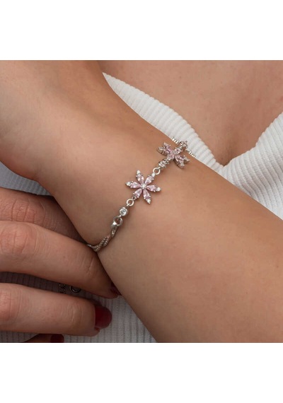 Gümüş Pembe Lotus Çiçeği Kadın Bileklik Çok Renkli