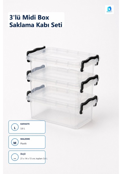 3'lü Midi Box Saklama Kabı Seti 3 X 1,2 L Çok Renkli