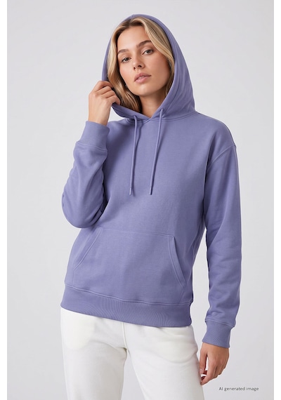 TOMMYLIFE Eflatun Standart Kapüşonlu Kanguru Cepli Basic Kadın Sweatshirt - 97321