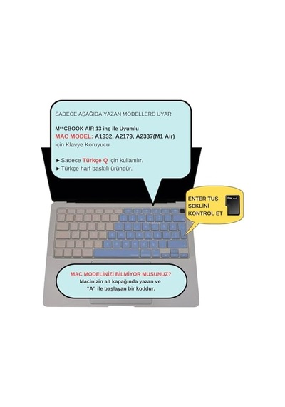 Türkçe Q Klavye Koruyucu Macbook Air 13 A1932 A2179 A2337 M1 Uyumlu Uk Iso Ters L Enter Ultra İnce Silikon Keyboard Cover Mavi Pembe