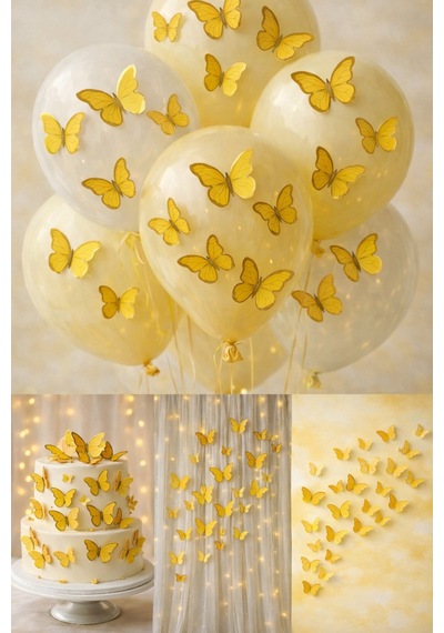 63 Adet Sarı 3d Kelebek Süs Seti 4 - 6 CM Yapışkan Dahil Balon Pasta Duvar Dekoru