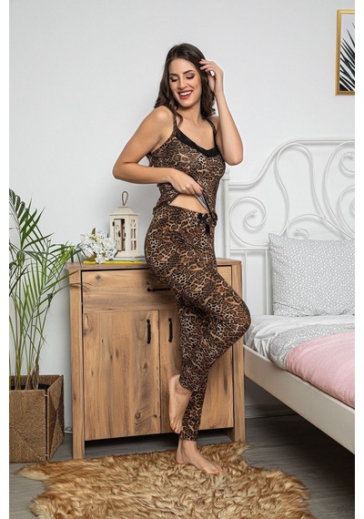 Myben Kadın Leopar Desenli Dantel Detaylı Şortlu Ve Taytlı Pijama Takımı 3'lü Set 75000 Kahverengi