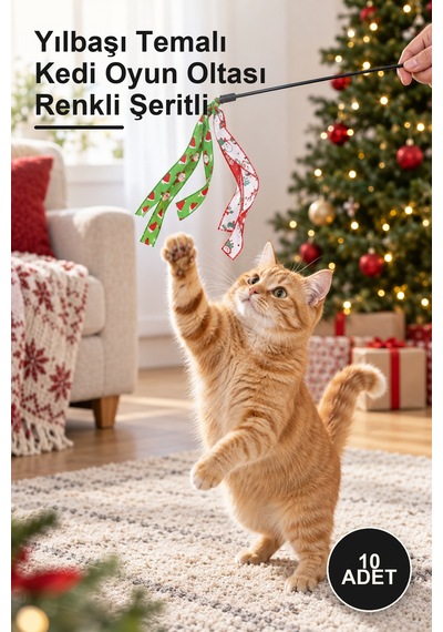 10 Adet Yılbaşı Temalı Kedi Oyun Oltası Renkli Şeritli