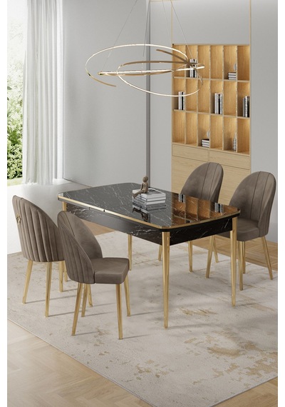Canisa Rada Serisi 80x132 Açılabilir Lak Panel Siyah Mermer Desen Masa 4 Cappucino Sandalye Gold Detay Masa Siyah Mermer Desen Sandalyeler Cappucino Canisa Rada Serisi 80x132 Açılabilir Lak Panel Siyah Mermer Desen Masa 4 Cappucino Sandalye Gold Detay Masa Siyah Mermer Desen Sandalyeler Cappucino
