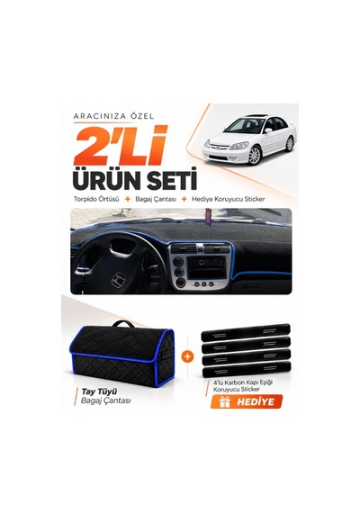 E-biz Honda Civic Vtec2 2002-2005 Uyumlu Torpido Örtüsü + Tay Tüyü Çanta - Siyah-mavi - Ho009