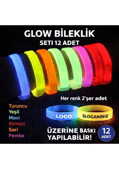 Glow Kalın Bileklik 12 Li Set Baskıya Uygun Renkli Model Yetişkin