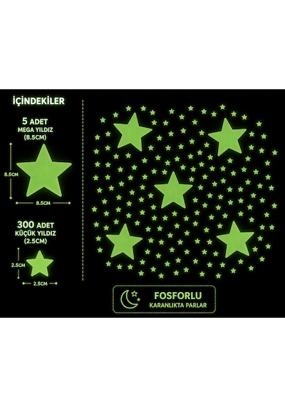 Merty Avm Fosforlu Yıldız Sticker Seti 305 Parça Mega Set Karanlıkta Parlayan Yıldızlar Çocuk Odası Süsü 01