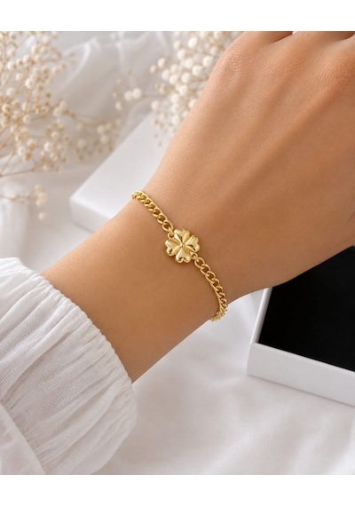 Cm Jewelry Yonca Desenli Gold Çelik Bileklik Açık Kahverengi