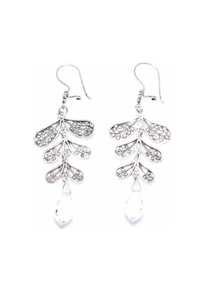 Swarovski Taşlı Yaprak Motifli Sallantılı 925 Ayar Gümüş Telkari