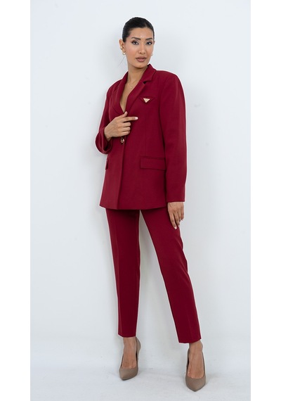Dorne Moda Kadın Gold Düğmeli Şık Blazer Ceket Pantolon İkili Takım - Düğün - Ofis Şıklığı - Özel Gün Takım Elbise Bordo