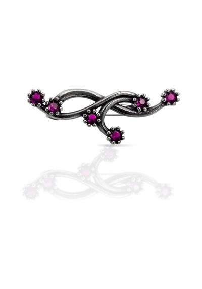 Oya Silver Retro Bordo Taşlı Sarmaşık Oksitli Gümüş Broş 3.7x1.2 Cm Oysy249