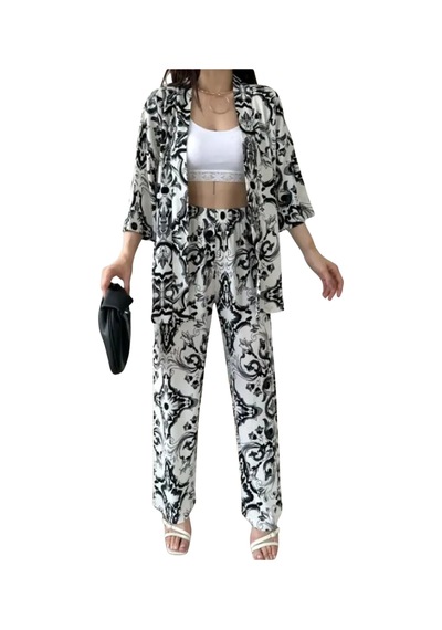 Alt Üst Takım Kimono- Desenli Beyaz