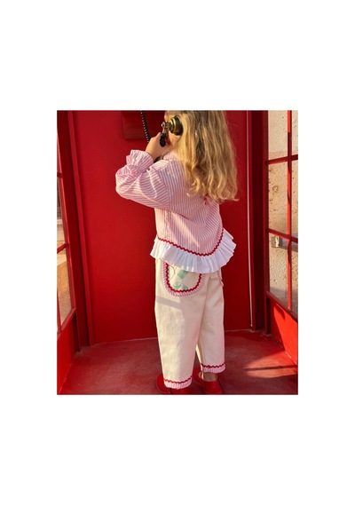 Toikids Kız Çocuk Çizgili Gömlek,çiçekli Cep Ve Paça Biye Detaylı Alt Üst Takım Pembe