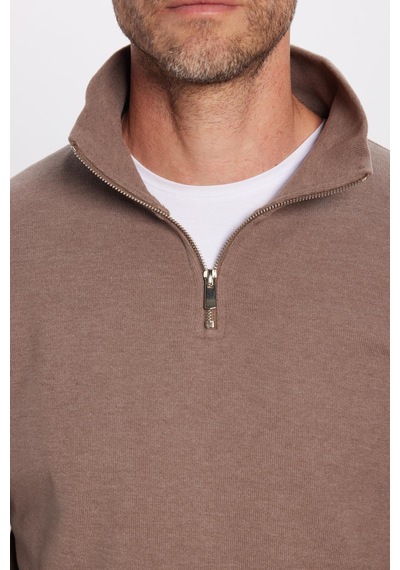 Tudors Unisex Relax Fit Rahat Kesim Fitilli Desenli Pamuklu Yarım Fermuarlı Kahverengi Dik Yaka Sweatshirt-31979 Kahverengi