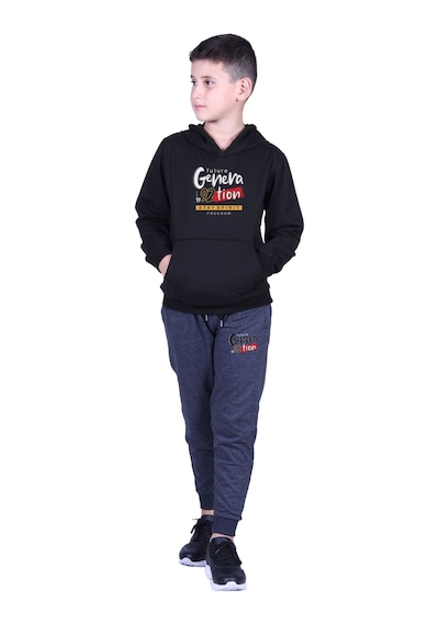Fyk Kids Kapüşonlu Kanguru Cepli Generation Yazı Baskılı Erkek Çocuk Eşofman Takımı Siyah - Füme