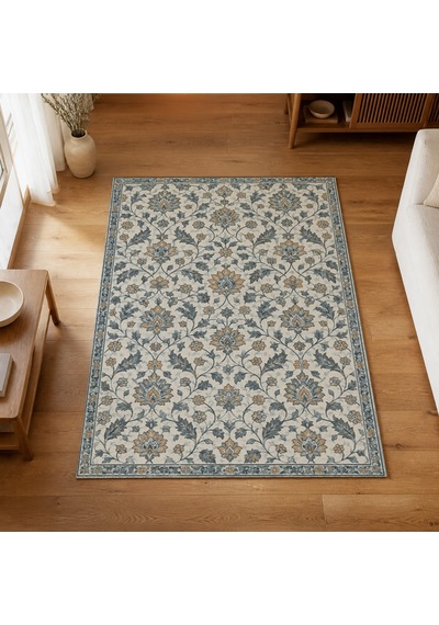 Kartela Halı Madalyonsuz Vintage İran Desenli Halı Mavi Kaymaz Taban Makinede Yıkanabilir 200x300 Cm