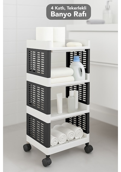 4 Katlı Tekerlekli Banyo Rafı - Havluluk Deterjanlık Makyaj Organizer Düzenleyici Raf Ünitesi Siyah Siyah