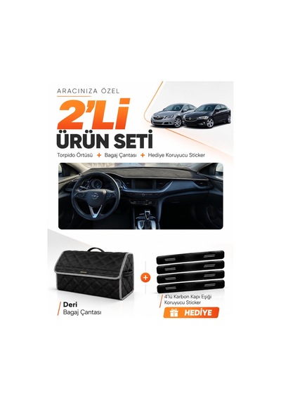 Opel İnsignia 2017-2026 Uyumlu Torpido Örtüsü + Deri Bagaj Çantası + Sticker Seti - Siyah Gri