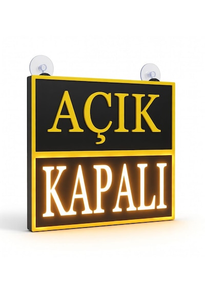 Açık Kapalı Yazılı Led Işıklı Tabela Siyah Kasa Sarı Işık
