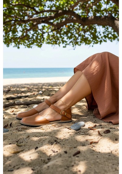 Bodhi Handcraft Kadın Barefoot Hakiki Deri Minimalist Günlük Sandalet El İmalatı Taba