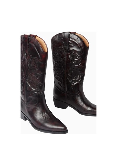Sam Edelman Rue Bordo Deri Nakış Detaylı Sivri Burun Alçak Topuklu Western Kadın Bot