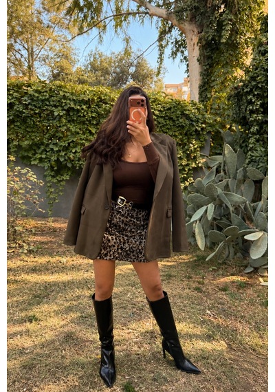 Byemelika Haki Süet Dokulu Oversize Kadın Blazer Ceket