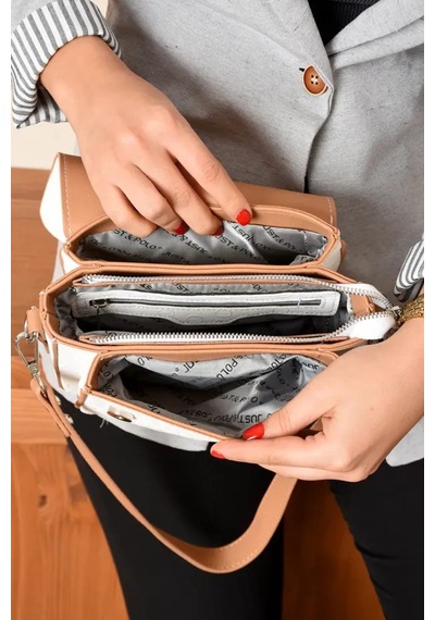 Just Polo Kadın Su Geçirmez Ayarlanabilir Askılı Lüks El & Omuz Çantası Shoulder Bag Ebat: 25 X 15 Cm Beyaz - Taba 47231953