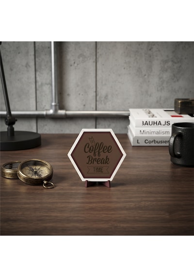 Coffee Break Time Temalı Modern Masaüstü Süsü, Ofis Ve Çalışma Masalarınız İçin Şık Ve Estetik Bir Dekoratif Parça 10x10 Cm, Açık Kahve