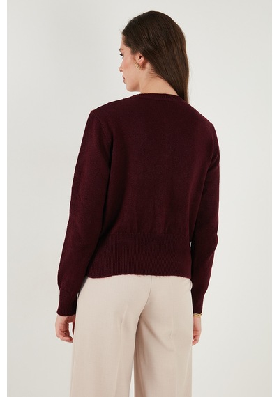 Lela Premium Comfort Fit Yuvarlak Yaka Crop Triko Bayan Hırka 680Hi00164 Bordo