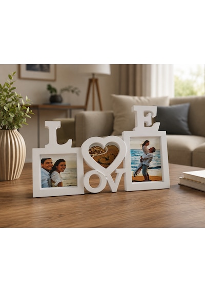 Love Ahşap Fotoğraf Çerçevesi 3 Fotoğraflı Dekoratif Masaüstü Çerçeve Kişiye Özel Hediye Beyaz