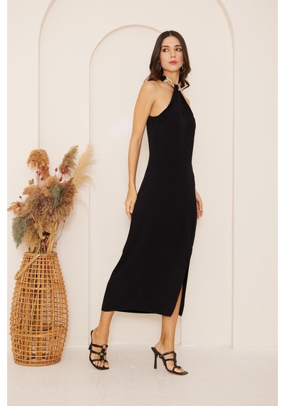 Darlin Moda Yakası Zincir Detaylı Yırtmaçlı Kolsuz Elbise Dm1026