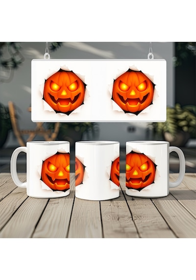 3d Görünümlü Balkabağı Kupa Bardak Halloween Temalı Bal Kabak Tasarım Bardak - Kabartmasız Beyaz