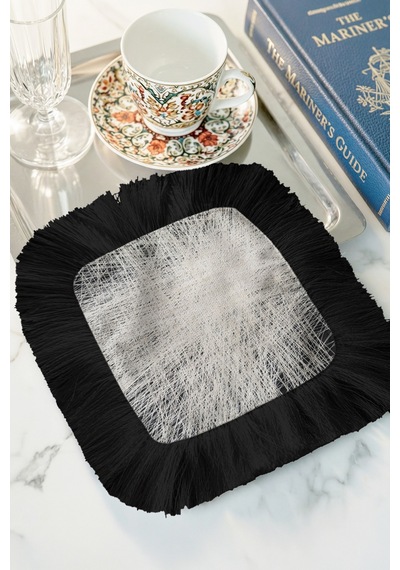 Lüks Modern Art Saçaklı Sunum Peçetesi - Geometrik Minimalist Siyah Gümüş Bardak Altlığı Mendil Çok Renkli