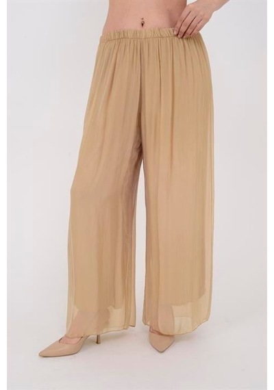 Eren Style Italyan Büyük Beden Uyumlu Astarlı Lastikli Ipek Pantolon 36-50 Beden -9909 Camel