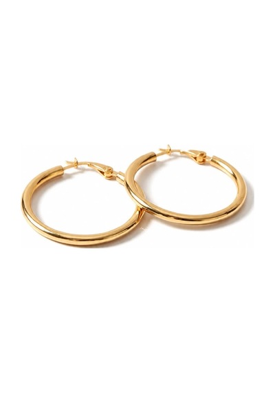 Gold Renk 28 Mm Çelik Düz Klasik Halka Küpe - Minimalist Klipsli Halka Küpe