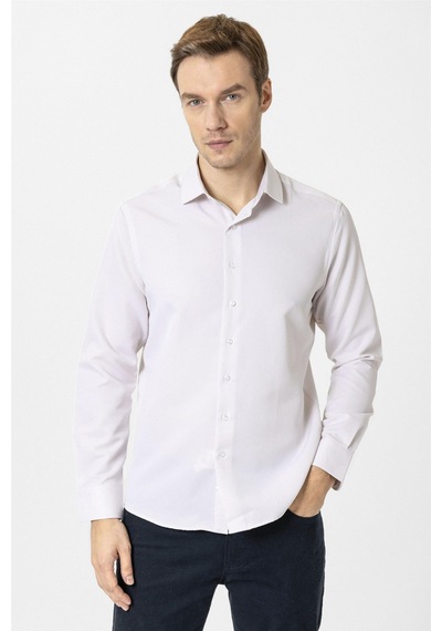 Süvari Bej Slim Fit Armürlü Klasik Yaka Gömlek