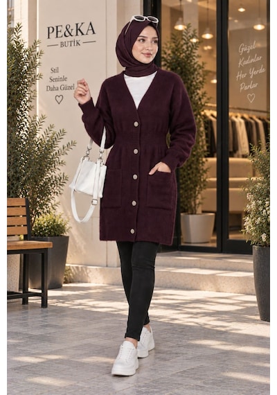 Aymiraa Kadın Angora Kumaş Beli Lastikli Uzun Tesettür Hırka Mürdüm Mürdüm