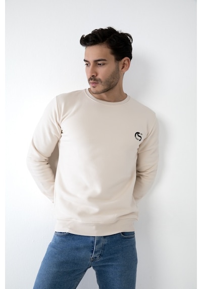 Erkek Bej Renk Kapşonsuz Baskılı Sweatshirt Bej